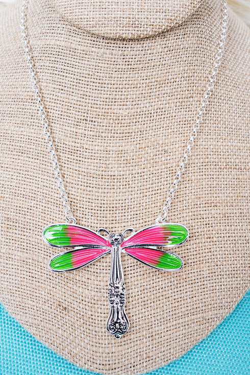 Garden Heirloom Pink Dragonfly Silvertone Spoon Necklace