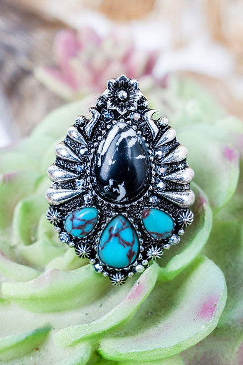 Black Prairie Dawn Silvertone Teardrop Stretch Ring