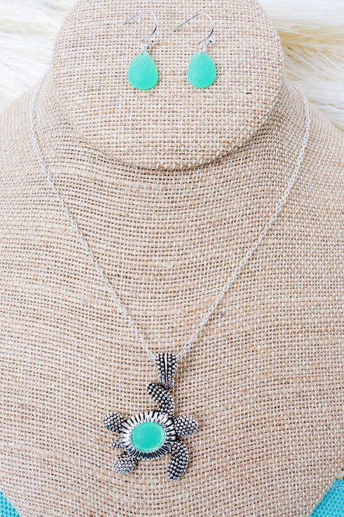 Mint Lagoon Luxe Turtle Silvertone Necklace and Earring Set