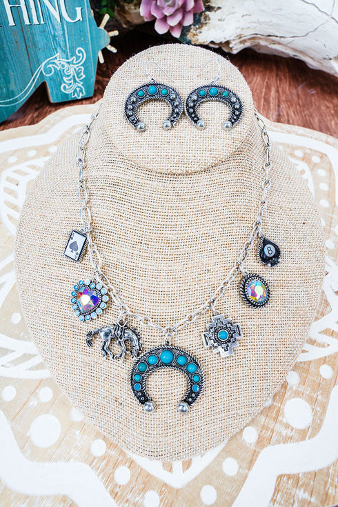 Turquoise Mojave Gamble Silvertone Charm Necklace and Earring Set