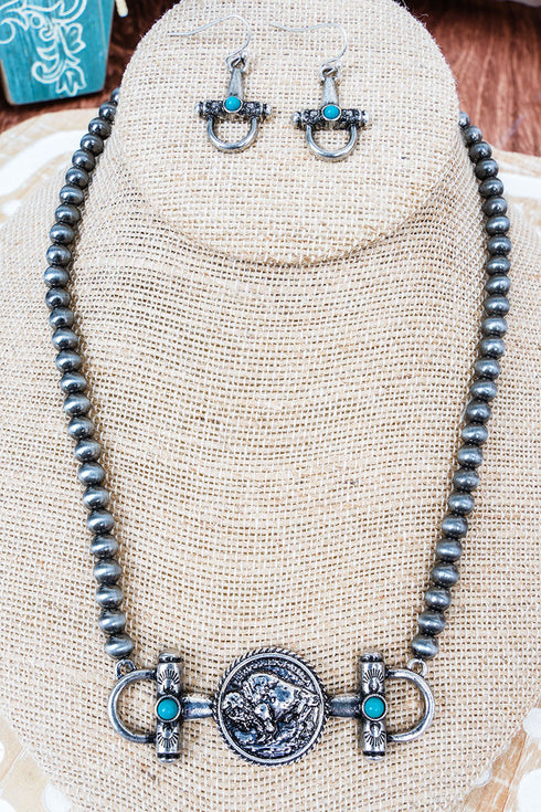 Turquoise Bit of Charm Silver Pearl Necklace and Earring Set