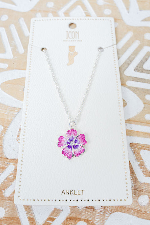 Pink Hawaii Blossom Silvertone Anklet
