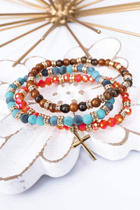 Stella Beaded Goldtone Cross Bracelet Set