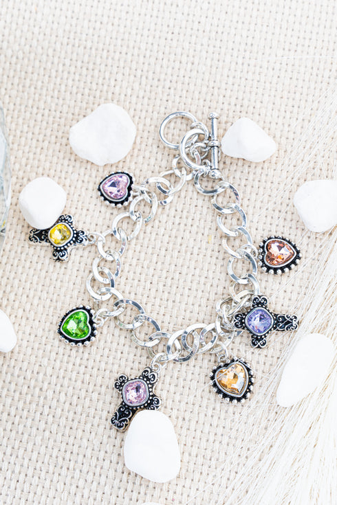 Galesong Silvertone Crystal Charm Bracelet