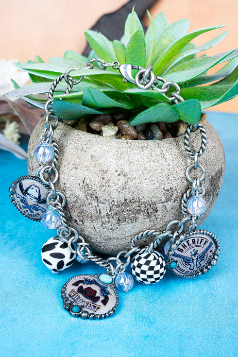 Wild West Sheriff Silvertone Charm Bracelet