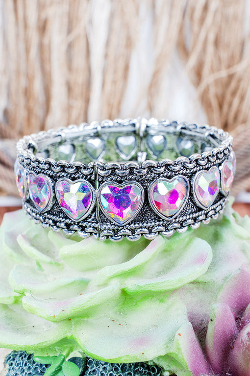 Iridescent Hearts On The Range Silvertone Stretch Bracelet