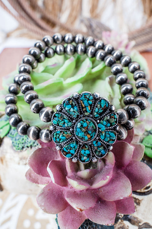 Turquoise Flintrock Sun Silver Pearl Bracelet