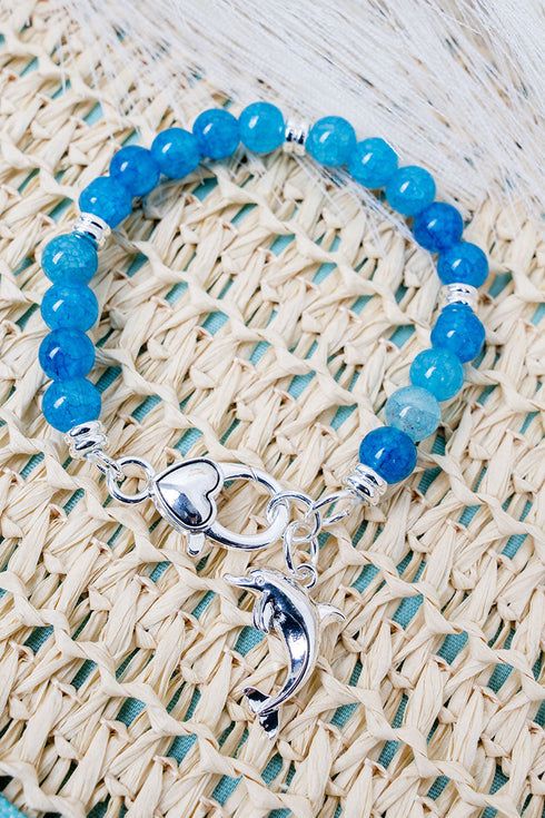 Ocean Calling Dolphin Blue Beaded Silvertone Bracelet