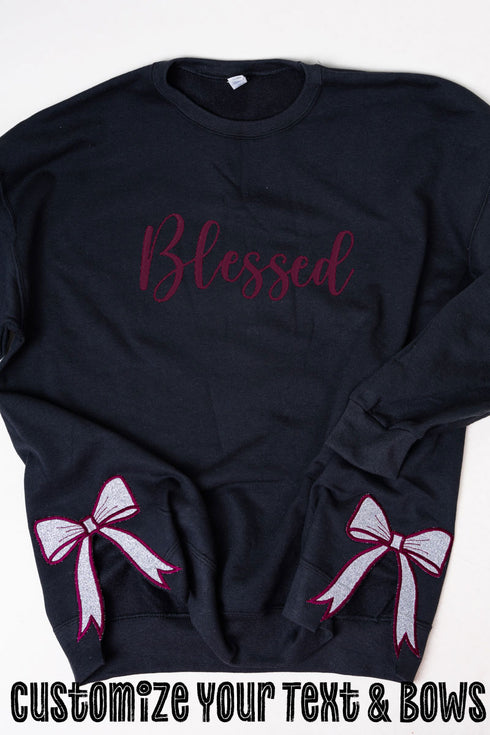 Black You Design It Embroidered Side Bows Heavy-weight Crew Sweatshirt *Customize Your Text and Bows