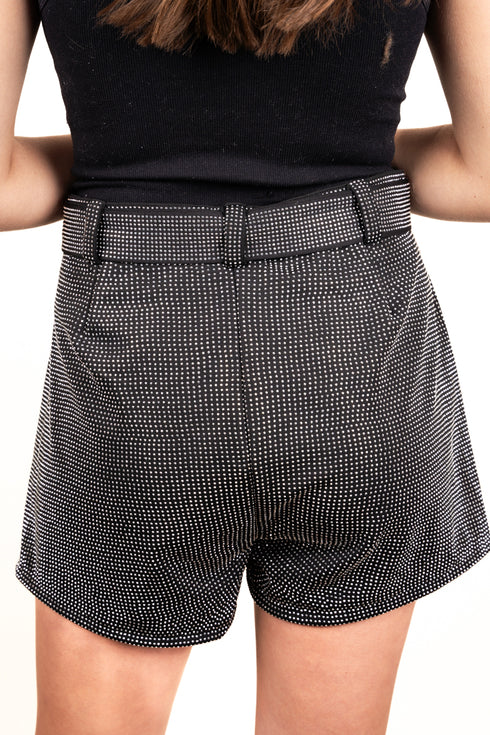 Saturday Shimmer Black Crystal Belted Shorts