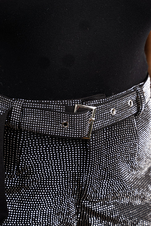 Saturday Shimmer Black Crystal Belted Shorts