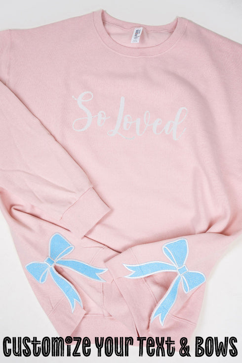 Blush Pink You Design It Embroidered Side Bows Unisex NuBlend Crew Sweatshirt *Customize Your Text and Bows
