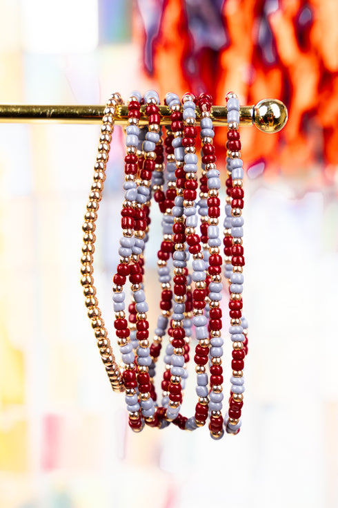 Our Team Wine and Gray Seed Bead Bracelet Set