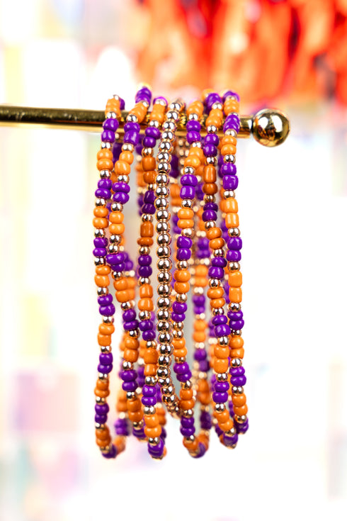 Our Team Purple and Orange Seed Bead Bracelet Set