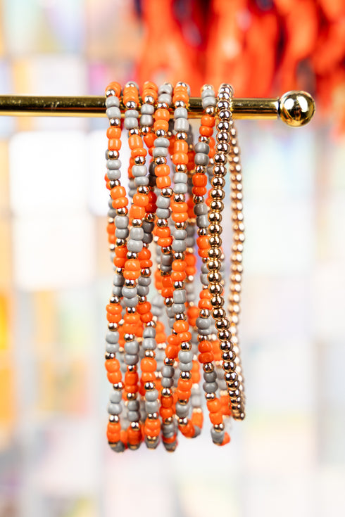 Our Team Gray and Orange Seed Bead Bracelet Set