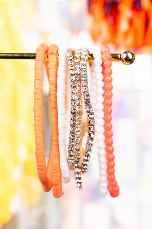 Own The Game Orange and White Beaded Bracelet Set