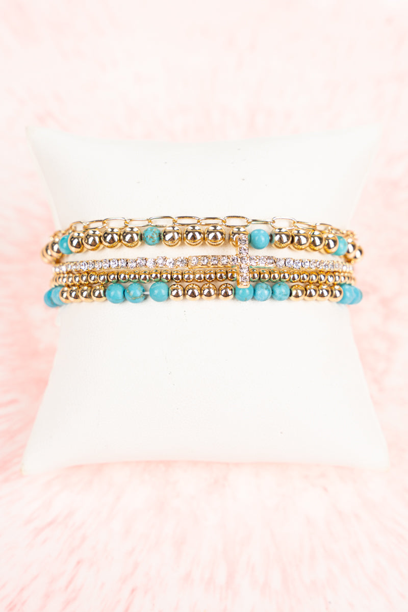 Beatriz Turquoise Goldtone Beaded And Cross Bracelet Set Ewam Howdy