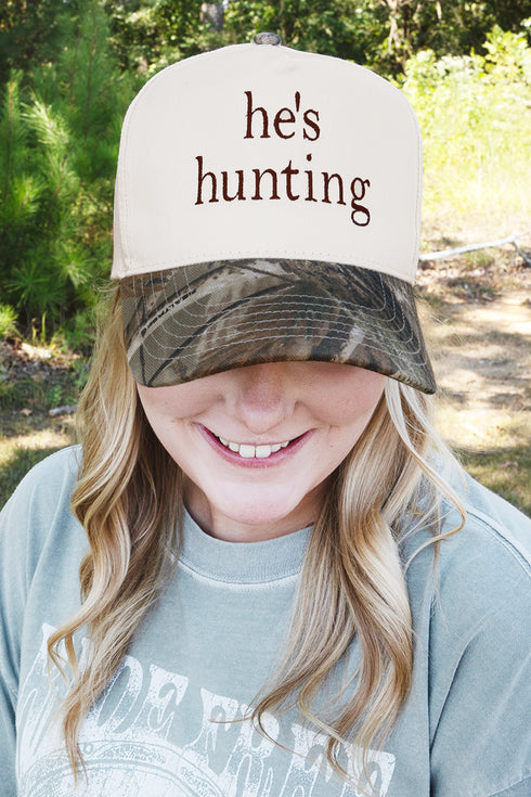 Embroidered He's Hunting Five Panel Twill Cap