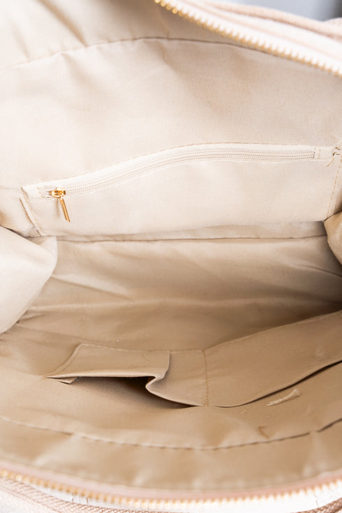 Aspen Adventure Sherpa Trimmed Beige Faux Suede Tote