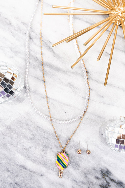 Pearls and Pickleball Goldtone Layered Necklace and Earring Set