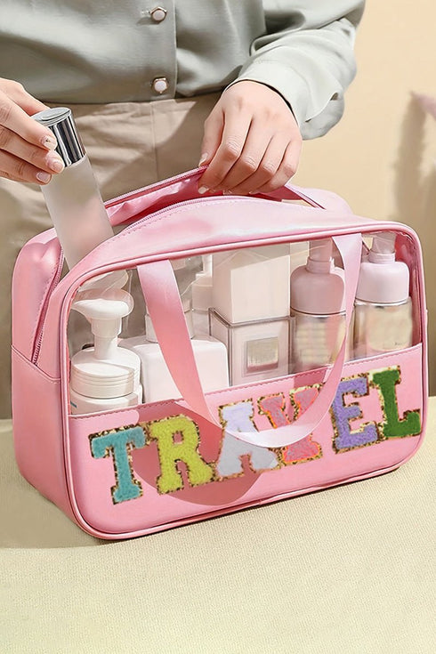 Chenille 'Travel' Light Pink and Clear Makeup Bag