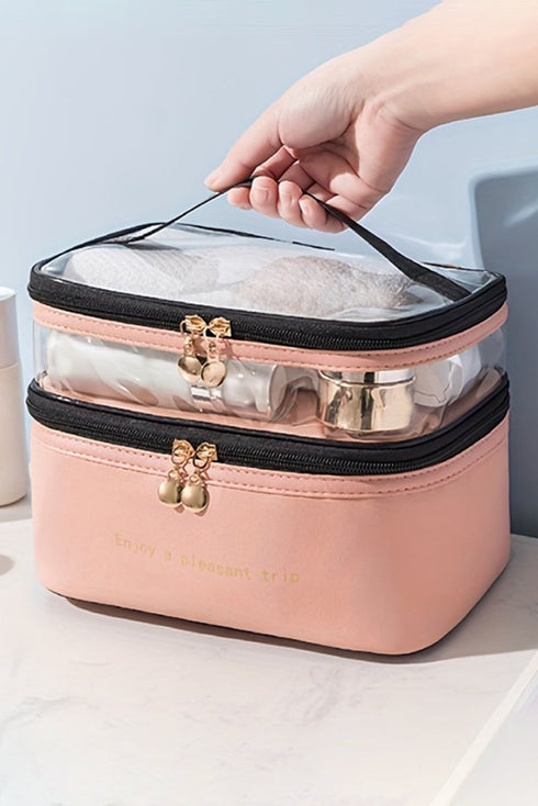 Pleasant Trip Beige Double Layer Cosmetic Case