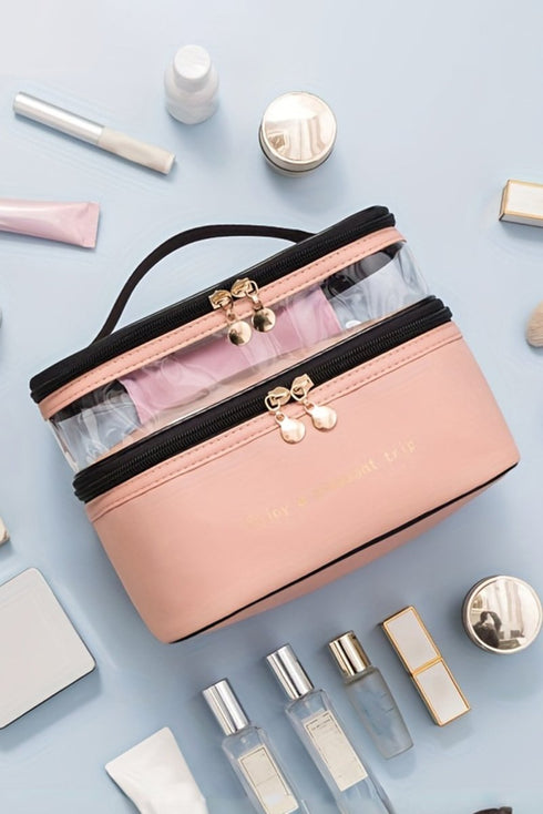 Pleasant Trip Beige Double Layer Cosmetic Case