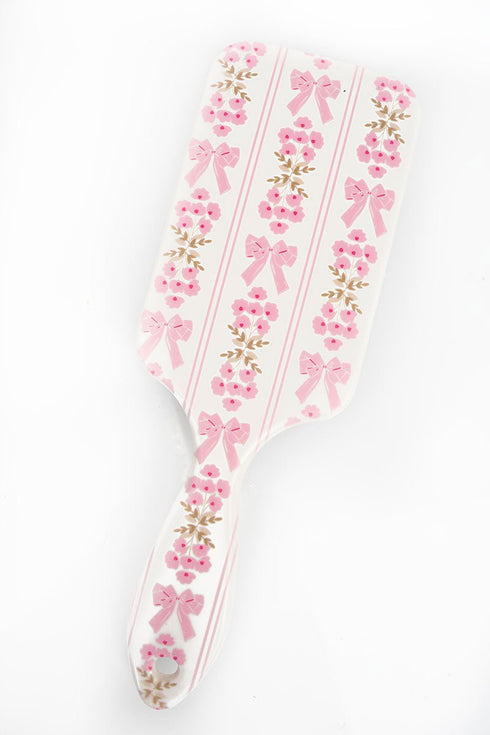 Pink Flower and Bow Printed Striped Hair Cushion Brush