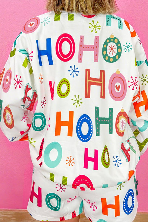 Festive Ho Ho Ho White Long Sleeve Top and Shorts Pajama Set