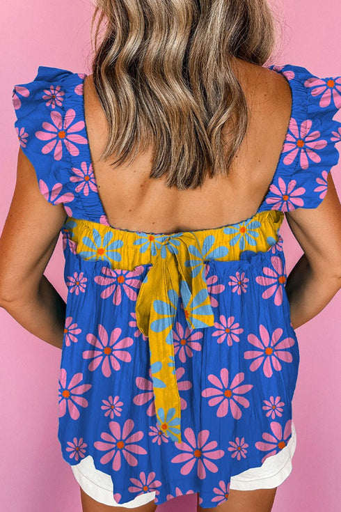 Island Oasis Blue Floral Flutter Sleeve Top