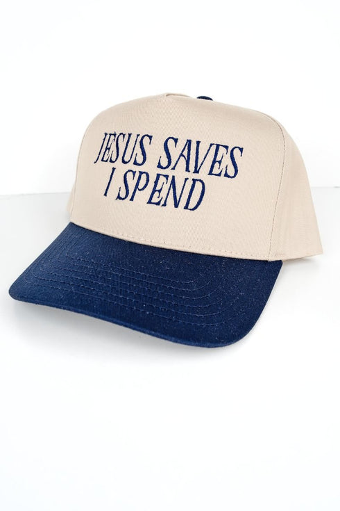 Jesus Saves I Spend Embroidered Five Panel Twill Cap