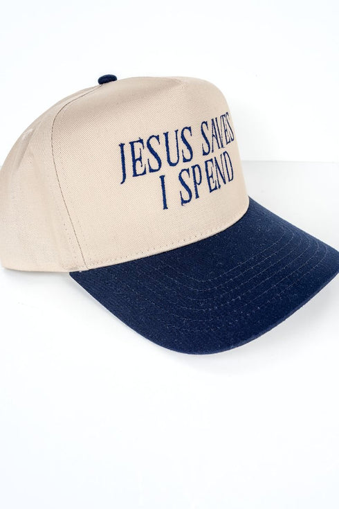Jesus Saves I Spend Embroidered Five Panel Twill Cap