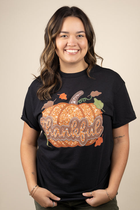 Thankful Pumpkin Faux Sequin Transfer Short Sleeve Relaxed Fit T-Shirt