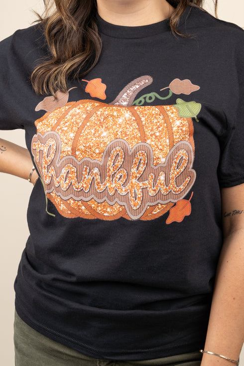 Thankful Pumpkin Faux Sequin Transfer Short Sleeve Relaxed Fit T-Shirt