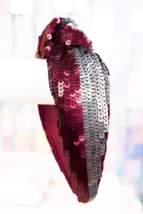 Team Colors Wine and Gray Sequin Knotted Headband