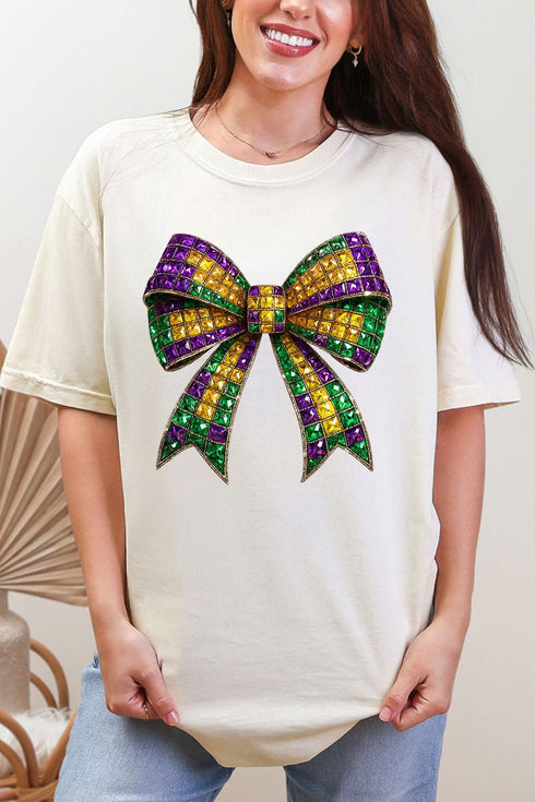 Faux Rhinestone Mardi Gras Bow Comfort Colors Adult Ring-Spun Cotton Tee