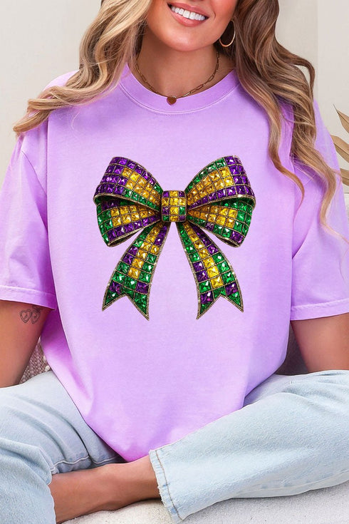 Faux Rhinestone Mardi Gras Bow Comfort Colors Adult Ring-Spun Cotton Tee