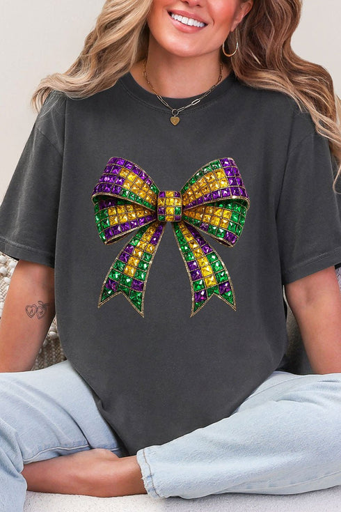 Faux Rhinestone Mardi Gras Bow Comfort Colors Adult Ring-Spun Cotton Tee