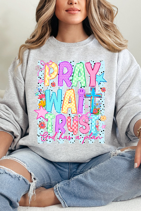 Pray Wait Trust Bright Doodle Heavy Blend Crew Sweatshirt