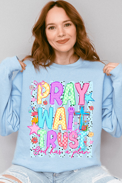 Pray Wait Trust Bright Doodle Heavy Blend Crew Sweatshirt