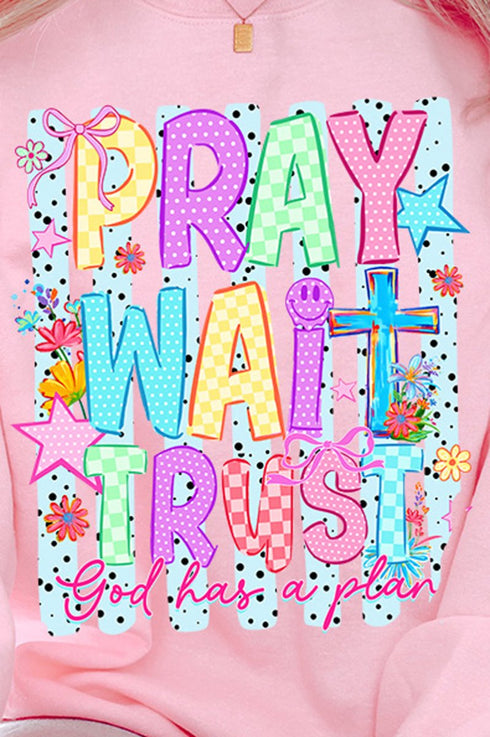 Pray Wait Trust Bright Doodle Heavy Blend Crew Sweatshirt