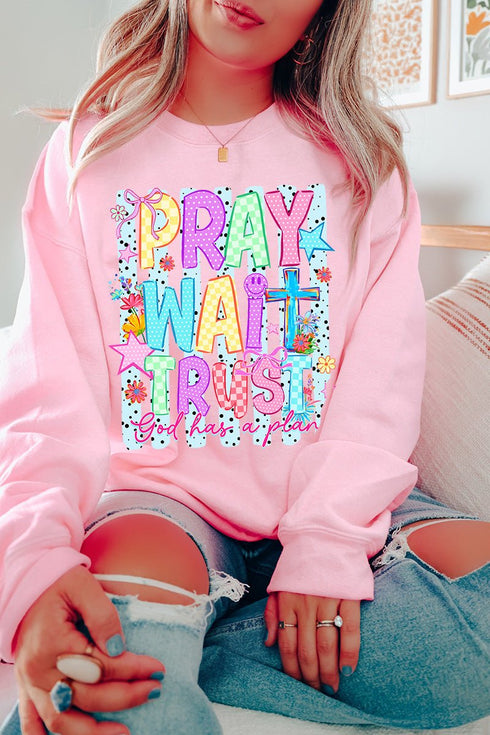 Pray Wait Trust Bright Doodle Heavy Blend Crew Sweatshirt