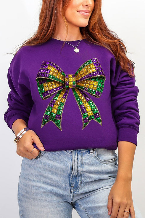 Faux Rhinestone Mardi Gras Bow Heavy Blend Crew Sweatshirt