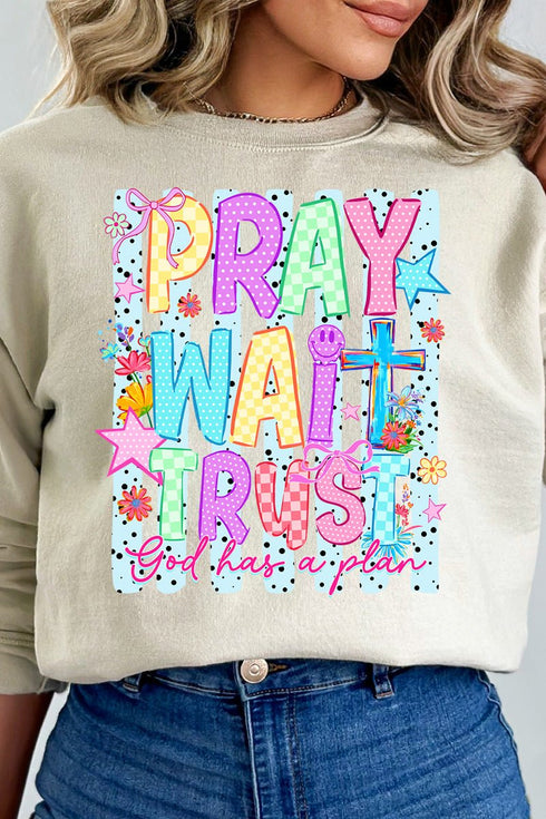 Pray Wait Trust Bright Doodle Heavy Blend Crew Sweatshirt