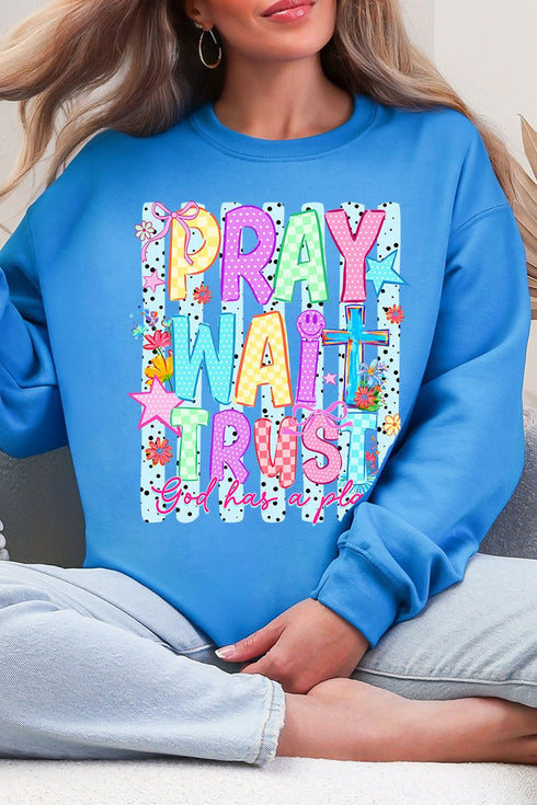 Pray Wait Trust Bright Doodle Heavy Blend Crew Sweatshirt