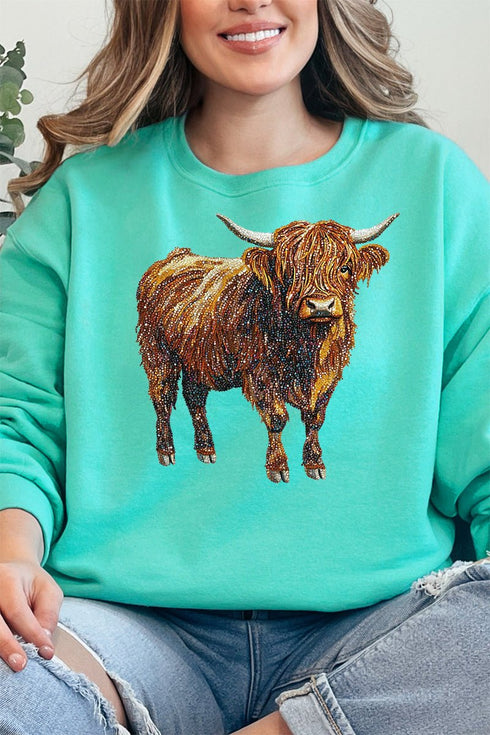 Highland Cow Faux Rhinestone Unisex NuBlend Crew Sweatshirt