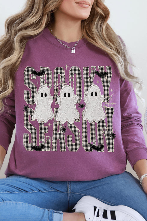 Spooky Season Gingham & Ghosts Comfort Colors Heavyweight Long T-Shirt