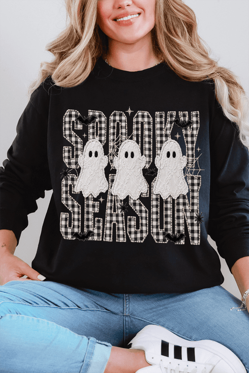 Spooky Season Gingham & Ghosts Comfort Colors Heavyweight Long T-Shirt