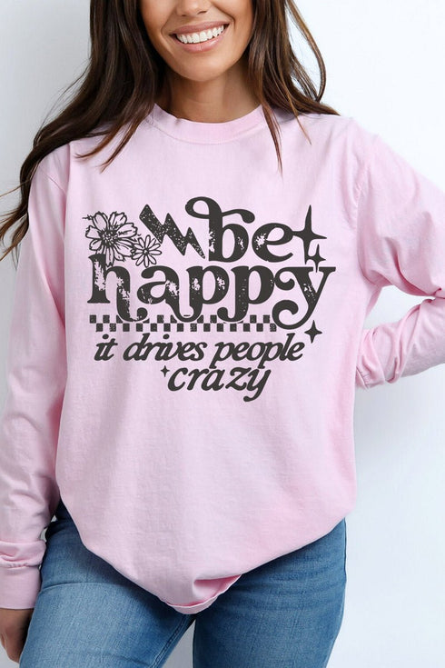 Black Be Happy Comfort Colors Heavyweight Long T-Shirt