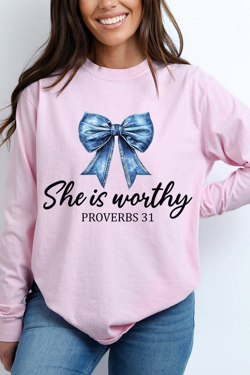 Blue Bow Worthy Comfort Colors Heavyweight Long T-Shirt